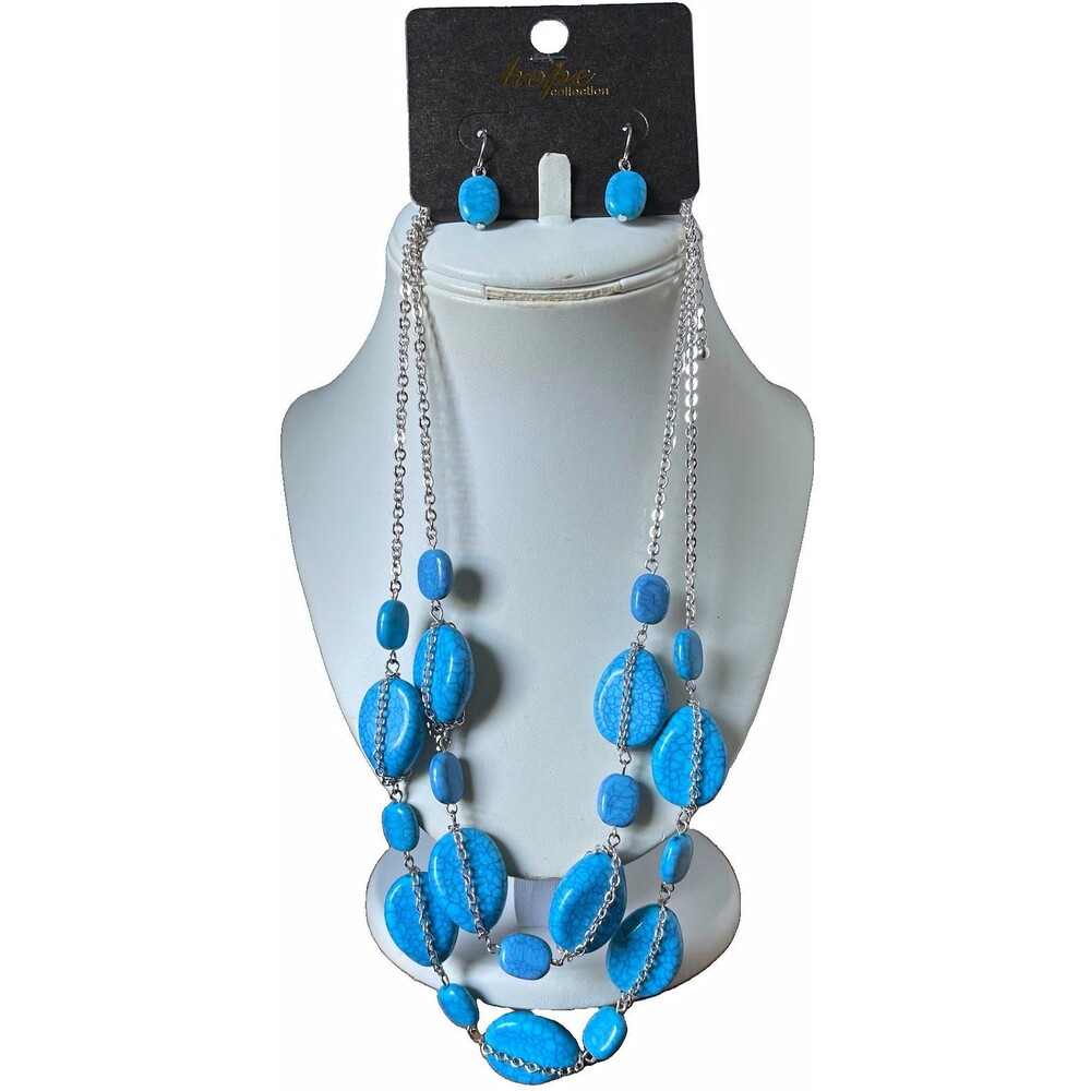 Boho Faux Turquoise Bead Multi Layer Statement Necklace And Earring Set